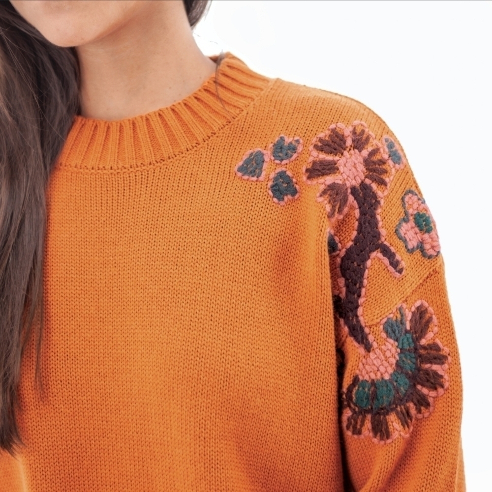 Aventura Clothing Misha Sweater Orange Embroidered Floral Merino Wool XL - Picture 3 of 16